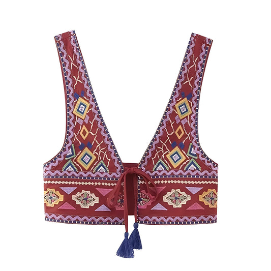 Amelia Multi-Color Embroidered Patterned V-Neck Sleeveless Crop Tank Top