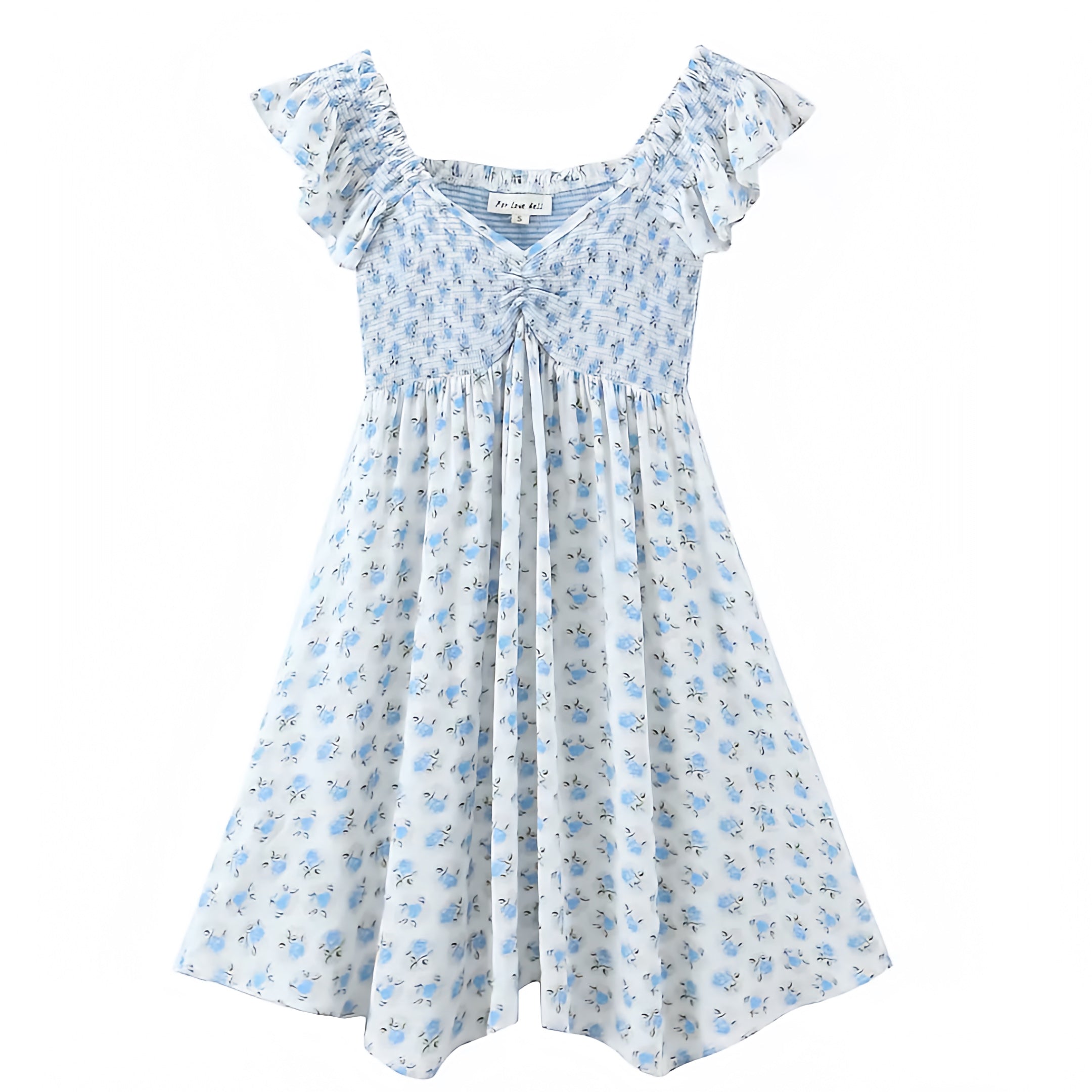 Light Blue Floral Print Layered Ruffle Puff Sleeve Babydoll Mini Dress