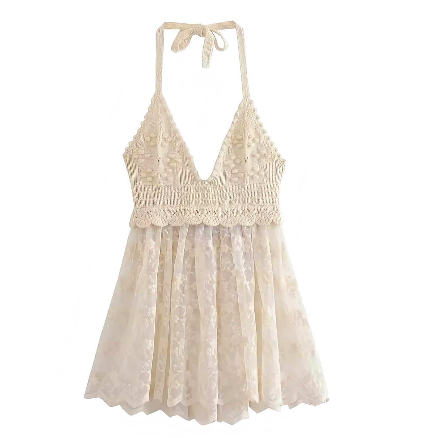 Beige Floral Crochet Eyelet Embroidery Lace V-Neck Sleeveless Halter Mini Dress