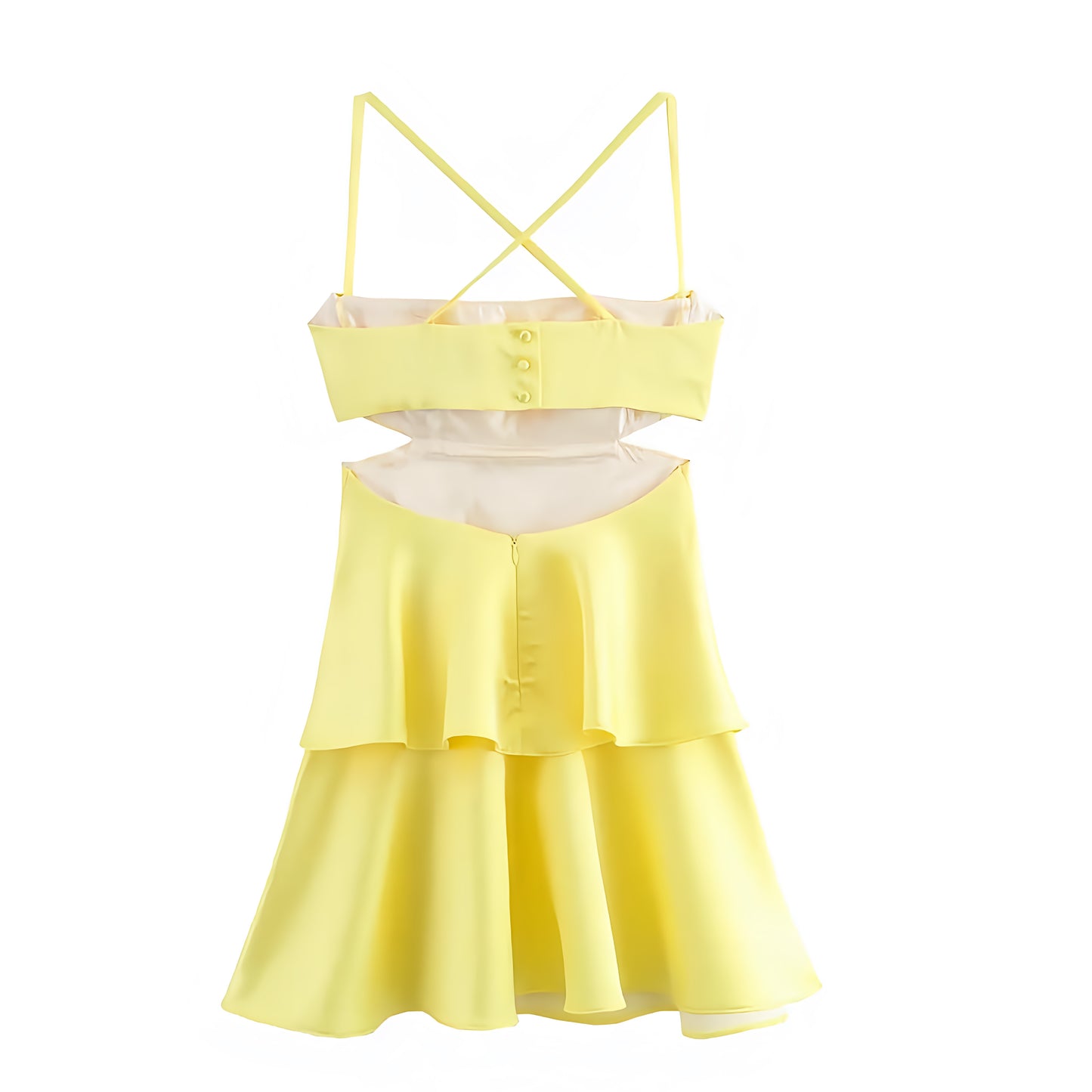 Yellow Tiered Ruffle Drop Waist Spaghetti Strap Backless Mini Dress