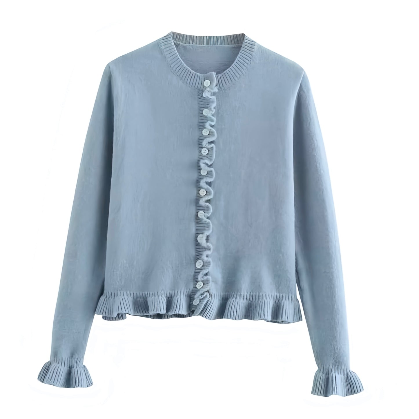 Light Blue Knit Ruffle Trim Button-Down Long Sleeve Cardigan Sweater