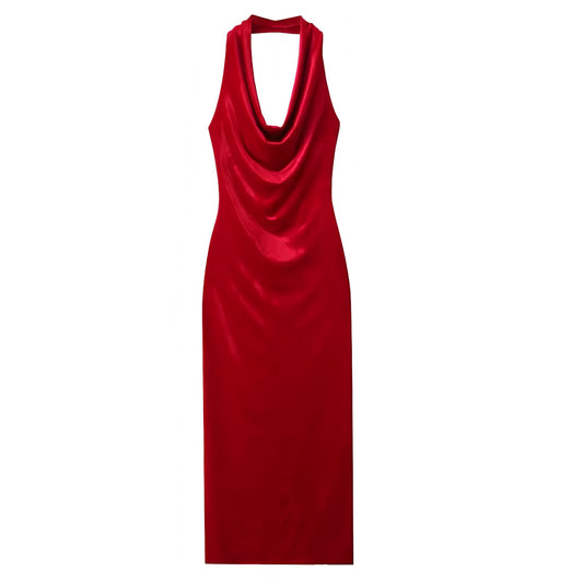 Red Velvet Bodycon Ruched Backless Halter Sleeveless Maxi Dress