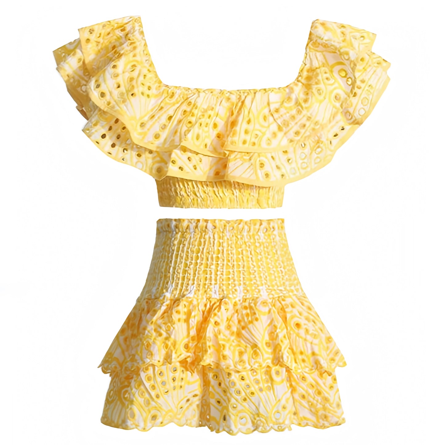 yellow-and-white-eyelet-embroidered-scalloped-broderie-anglaise-patterned-layered-ruffle-smocked-tiered-shirred-bodice-fitted-waist-bodycon-slim-fit-short-sleeve-off-shoulder-square-neck-line-crop-top-blouse-mini-skirt-2-piece-dress-set-couture-women-ladies-spring-2024-summer-chic-trendy-elegant-casual-semi-formal-feminine-classy-preppy-style-party-prom-european-beach-wear-tropical-vacation-sundress-gown-charo-ruiz-zimmerman-revolve-loveshackfancy-fillyboo-cb-positano-dupe