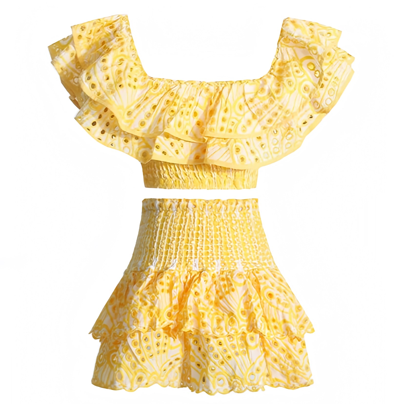 yellow-and-white-eyelet-embroidered-scalloped-broderie-anglaise-patterned-layered-ruffle-smocked-tiered-shirred-bodice-fitted-waist-bodycon-slim-fit-short-sleeve-off-shoulder-square-neck-line-crop-top-blouse-mini-skirt-2-piece-dress-set-couture-women-ladies-spring-2024-summer-chic-trendy-elegant-casual-semi-formal-feminine-classy-preppy-style-party-prom-european-beach-wear-tropical-vacation-sundress-gown-charo-ruiz-zimmerman-revolve-loveshackfancy-fillyboo-cb-positano-dupe