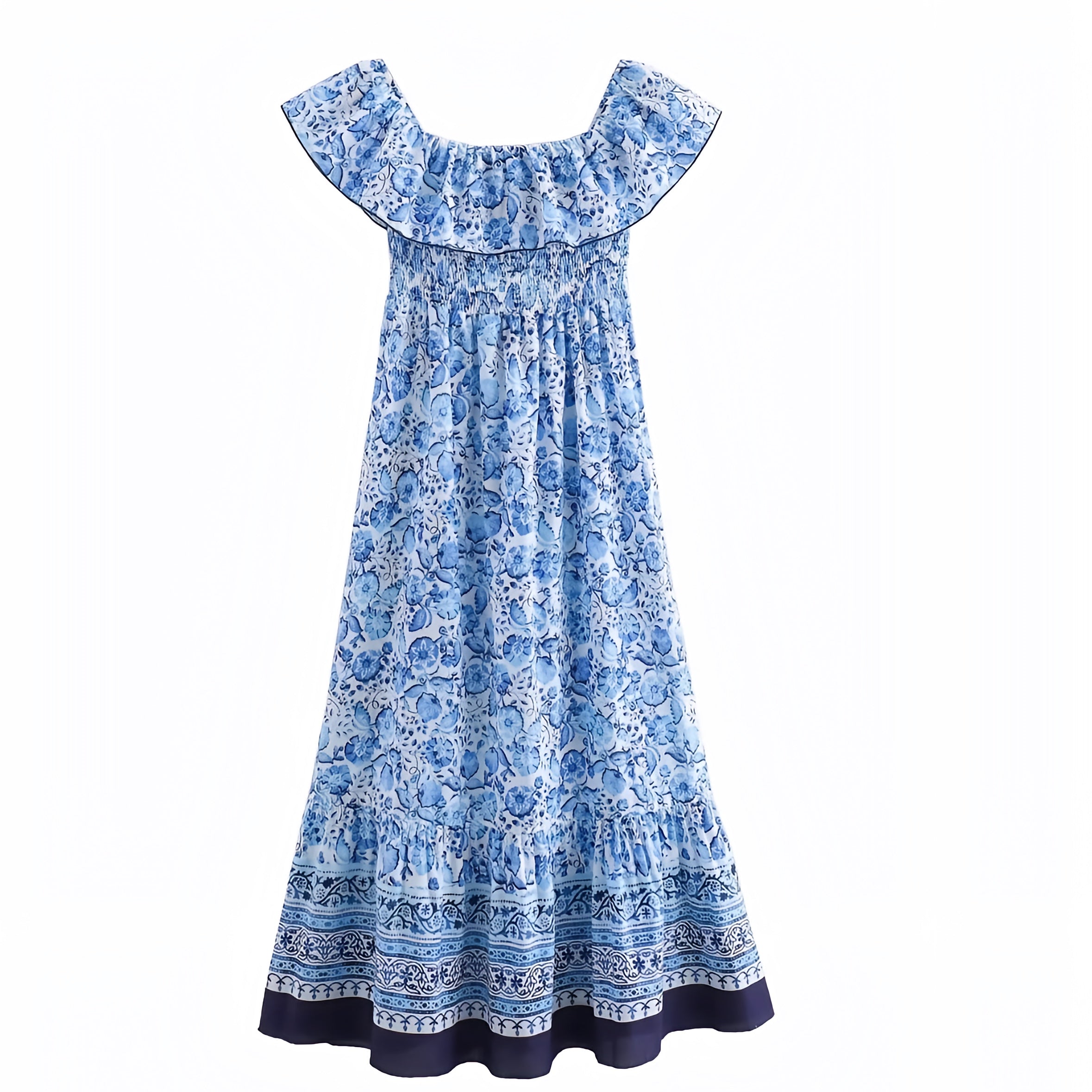 Emilia Blue Floral Patterned Bodycon Smocked Off-Shoulder Maxi Dress ...