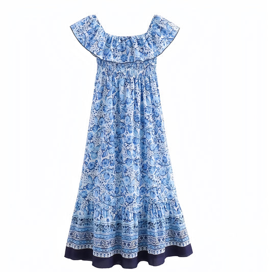 Emilia Blue Floral Patterned Bodycon Smocked Off-Shoulder Maxi Dress