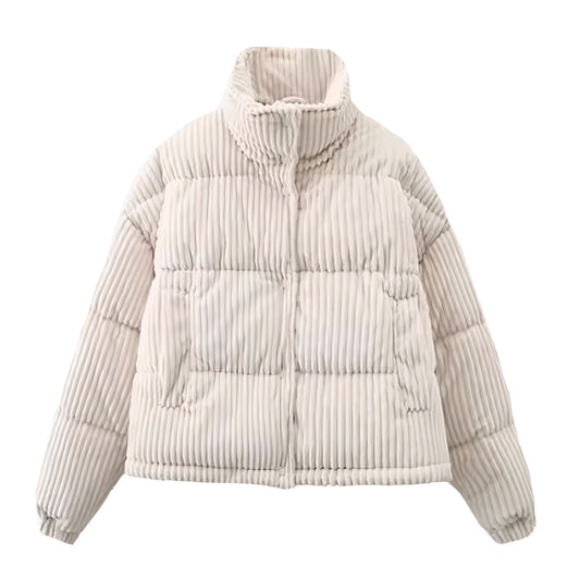 Cream White Corduroy Oversized Button-Down Long Sleeve Turtleneck Puffer Jacket