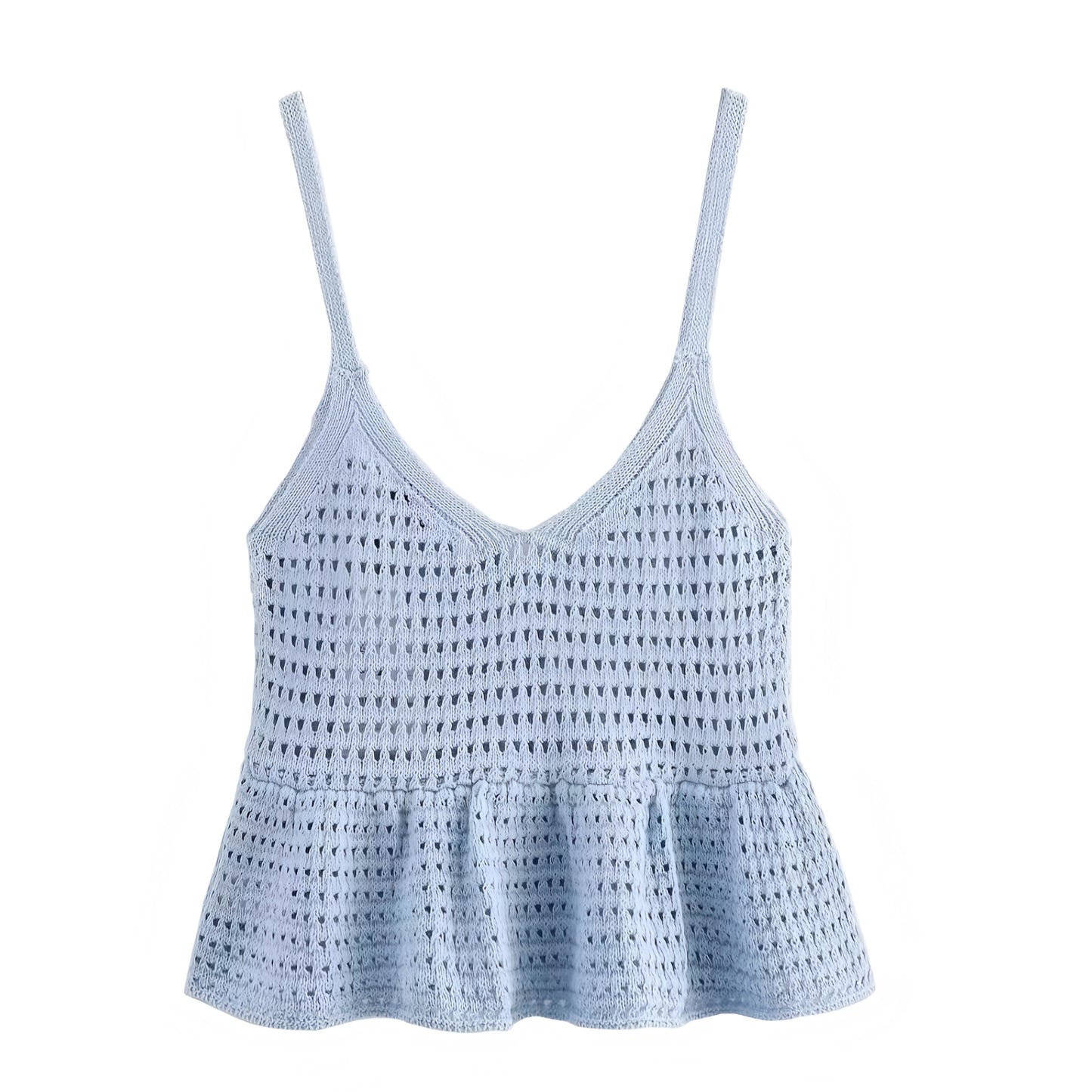 Light Blue Button Down Ruffled Crochet Knit Tank Top