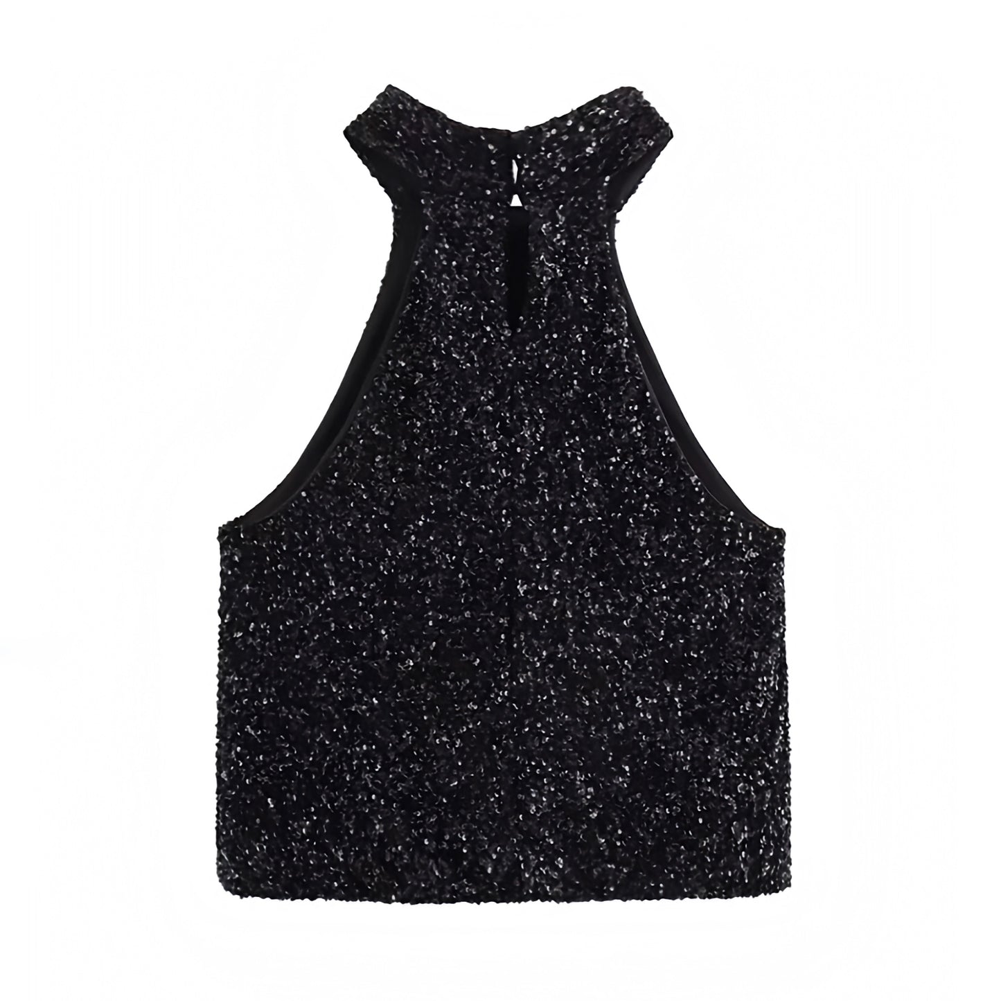 black-glitter-sequined-sparkly-beaded-shimmer-slim-tight-fit-ruched-sleeveless-backless-open-back-cut-out-halter-crop-tank-top-blouse-women-ladies-chic-trendy-spring-2024-summer-elegant-casual-semi-formal-classy-feminine-party-date-night-out-sexy-club-wear-y2k-90s-minimalist-office-siren-style-zara-revolve-aritzia-white-fox-princess-polly-babyboo-edikted