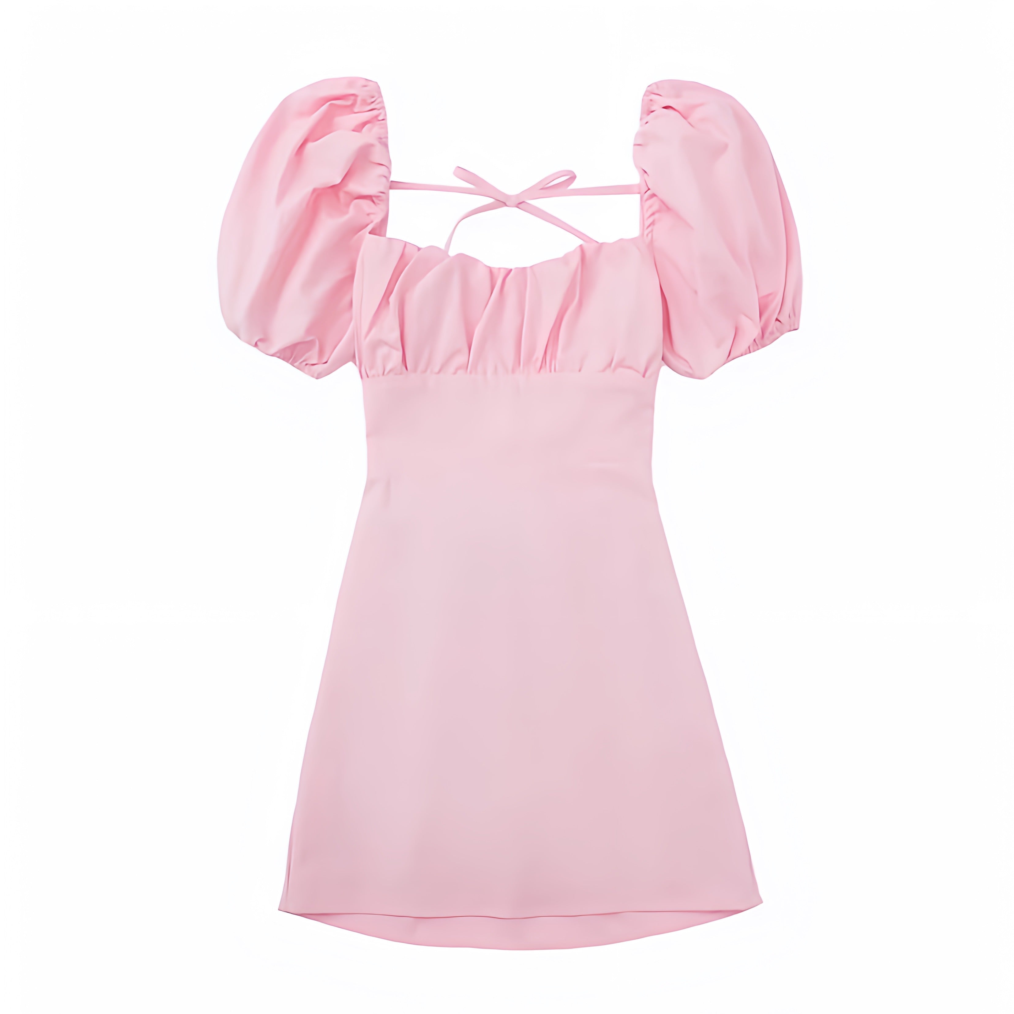 Light Pink Bodycon Lace Up Ruched Puff Sleeve Backless Mini Dress