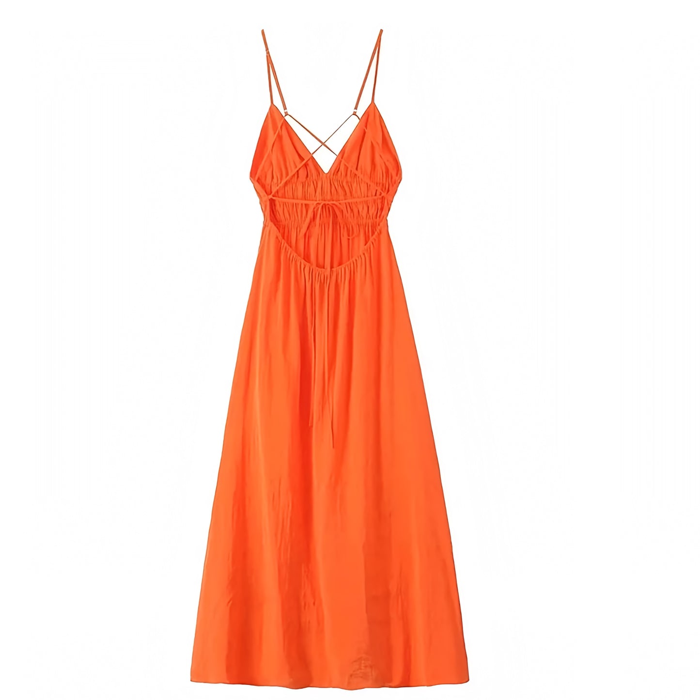 Orange Slim Fit Spaghetti Strap Tiered Backless Maxi Dress