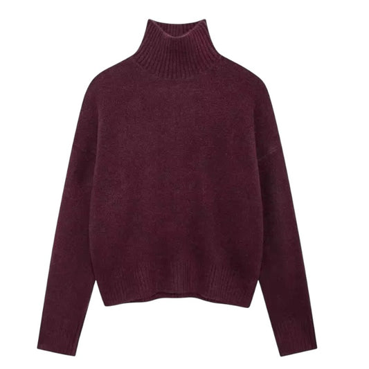 Burgundy Red Knit Woolen Oversized Long Sleeve Turtleneck Pullover Sweater