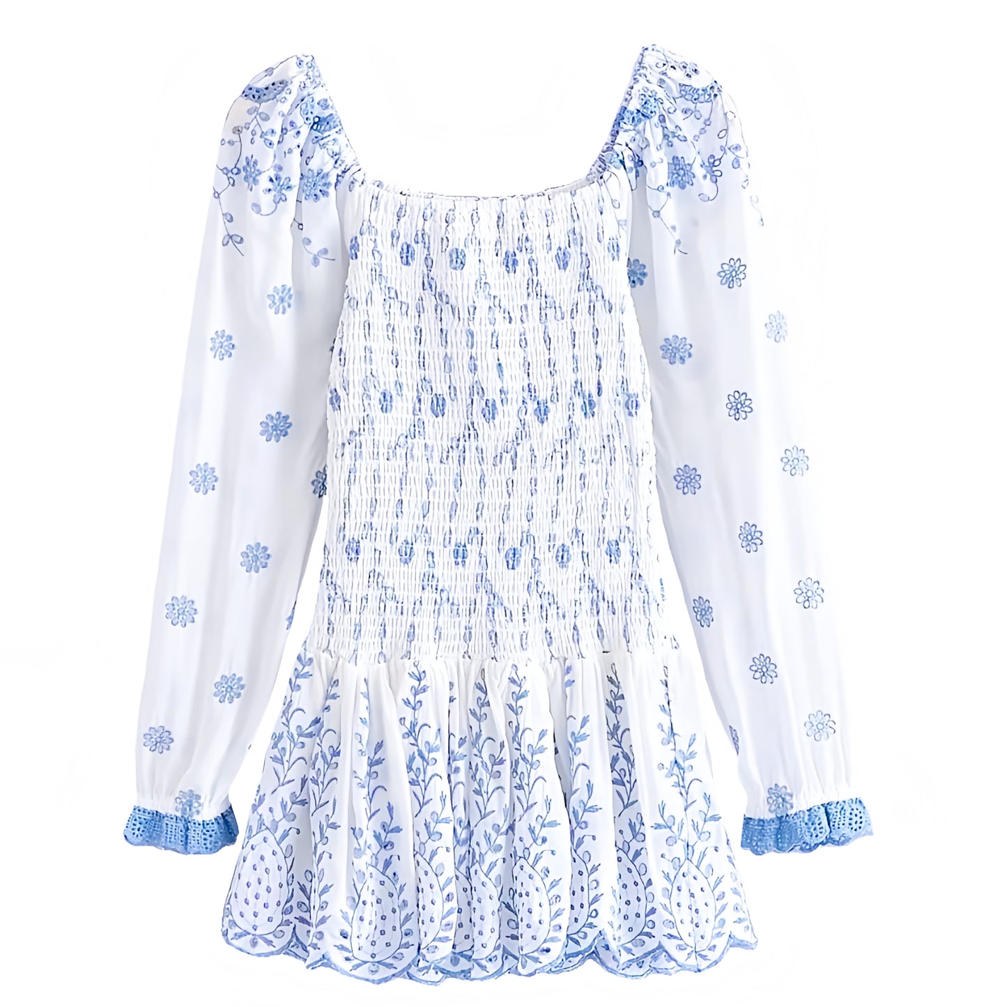 Nerissa Light Blue Patterned Long Sleeve Eyelet Embroidered Smocked Mini Dress