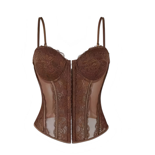 Espresso brown dark brown chocolate brown floral flower patterned lace trim translucent transparent mesh slim fit bodycon silhouette corset bustier underwire push up v neck sweetheart neckline spaghetti strap sleeveless lace up back cinched waist adjustable camisole crop tank top bra bralette intimate lingerie underwear under garments shapewear womens teens ladies spring summer fall autumn winter 2026 feminine fashion coquette chic trendy vintage retro evening party night out sexy club wear ships worldwide