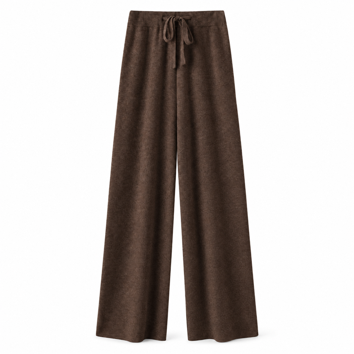 Espresso brown knit wide leg fleece pants for women with soft sweater-knit construction, ribbed fitted drawstring mid-rise waistband, relaxed baggy fit, full-length draped wide legs and warm cozy feel. Elevated loungewear and knit trousers for fall winter 2026, casual chic, minimalist, quiet luxury, old money, Scandi, Stockholm, Copenhagen, Parisian, preppy, airport, college, school, streetwear, travel and everyday outfits.

