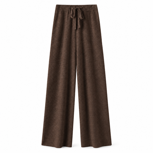 Espresso brown knit wide leg fleece pants for women with soft sweater-knit construction, ribbed fitted drawstring mid-rise waistband, relaxed baggy fit, full-length draped wide legs and warm cozy feel. Elevated loungewear and knit trousers for fall winter 2026, casual chic, minimalist, quiet luxury, old money, Scandi, Stockholm, Copenhagen, Parisian, preppy, airport, college, school, streetwear, travel and everyday outfits.

