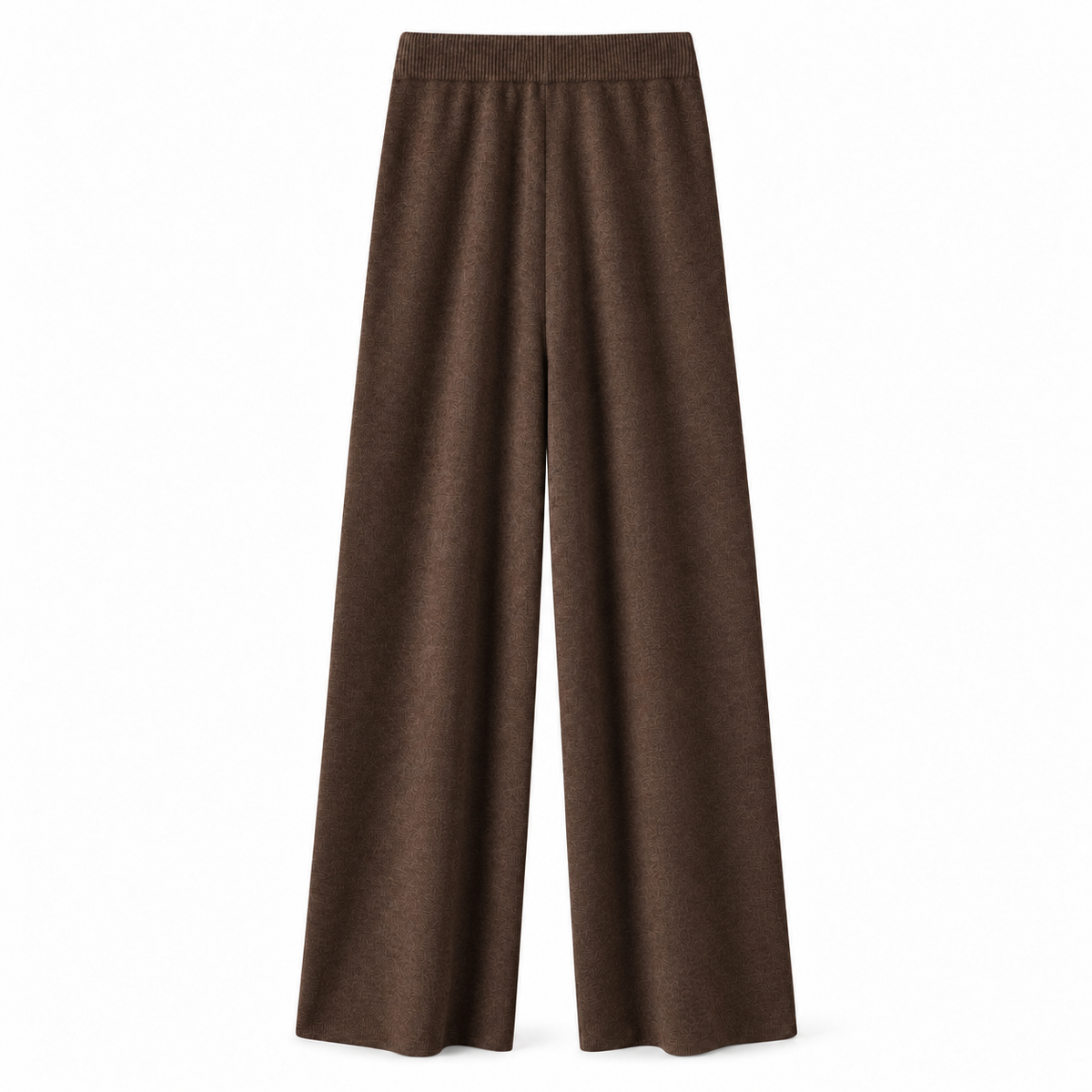 Espresso brown knit wide leg fleece pants for women with soft sweater-knit construction, ribbed fitted drawstring mid-rise waistband, relaxed baggy fit, full-length draped wide legs and warm cozy feel. Elevated loungewear and knit trousers for fall winter 2026, casual chic, minimalist, quiet luxury, old money, Scandi, Stockholm, Copenhagen, Parisian, preppy, airport, college, school, streetwear, travel and everyday outfits.

