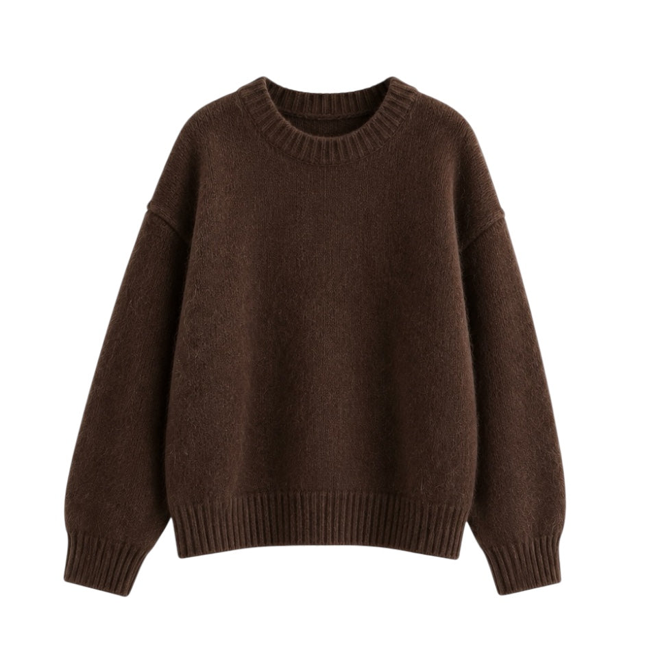 Espresso brown knit woolen long-sleeve pullover sweater for women and teens, dark brown chunky knit jumper with soft fuzzy cozy warm thick texture, oversized elegant trendy chic preppy knitwear for fall autumn winter 2025, Zara and Aritzia dupe fashion sweater with global worldwide shipping to US, UK, Canada, Europe, Australia, and Asia from Dazey Hill.