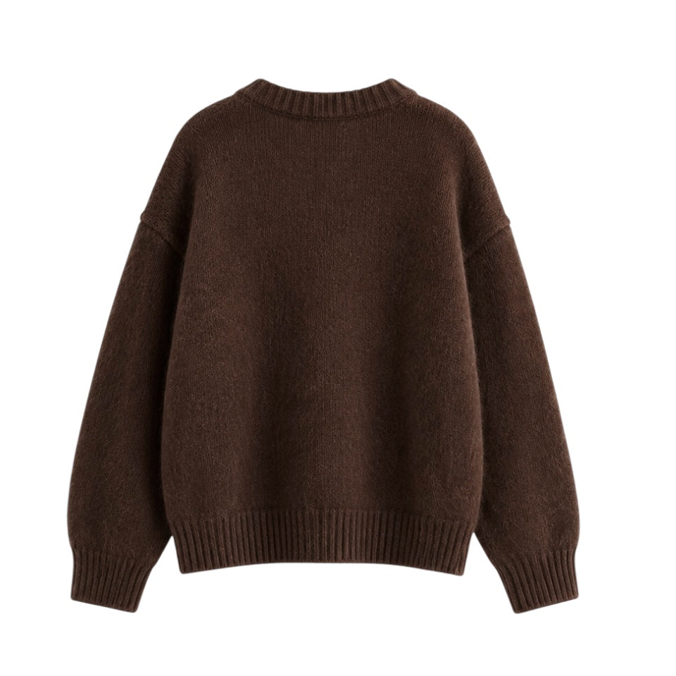 Espresso brown knit woolen long-sleeve pullover sweater for women and teens, dark brown chunky knit jumper with soft fuzzy cozy warm thick texture, oversized elegant trendy chic preppy knitwear for fall autumn winter 2025, Zara and Aritzia dupe fashion sweater with global worldwide shipping to US, UK, Canada, Europe, Australia, and Asia from Dazey Hill.