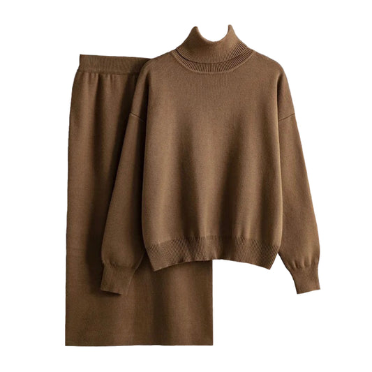 Espresso Brown Knit Woolen Turtleneck Long Sleeve Sweater & Maxi Skirt 2 Piece Set for women and teens. Soft, cozy, and elegant ribbed knitwear set featuring a warm high-neck sweater and high-waisted maxi skirt. Feminine neutral matching outfit for fall, autumn, and winter 2025 fashion. Ships globally and worldwide to the US, UK, Canada, Australia, Europe, and Asia.