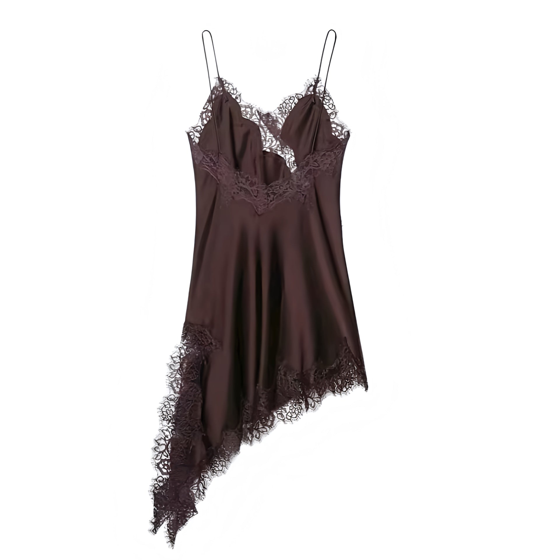 Espresso Brown Satin Lace Trim Bodycon V-Neck Backless Midi Slip Dress. Dark brown silky satin slip dress with floral lace embroidered trim, deep v neckline, slim fit sheath silhouette, sleeveless spaghetti straps, backless cut out design, midi length, and elegant shift style. Perfect for womens, teens, and ladies summer, fall, and autumn 2025 feminine fashion, evening parties, homecoming, prom, dance, sexy club wear, and festivals. Ships globally worldwide to US, Australia, UK, Canada, Europe, Asia.