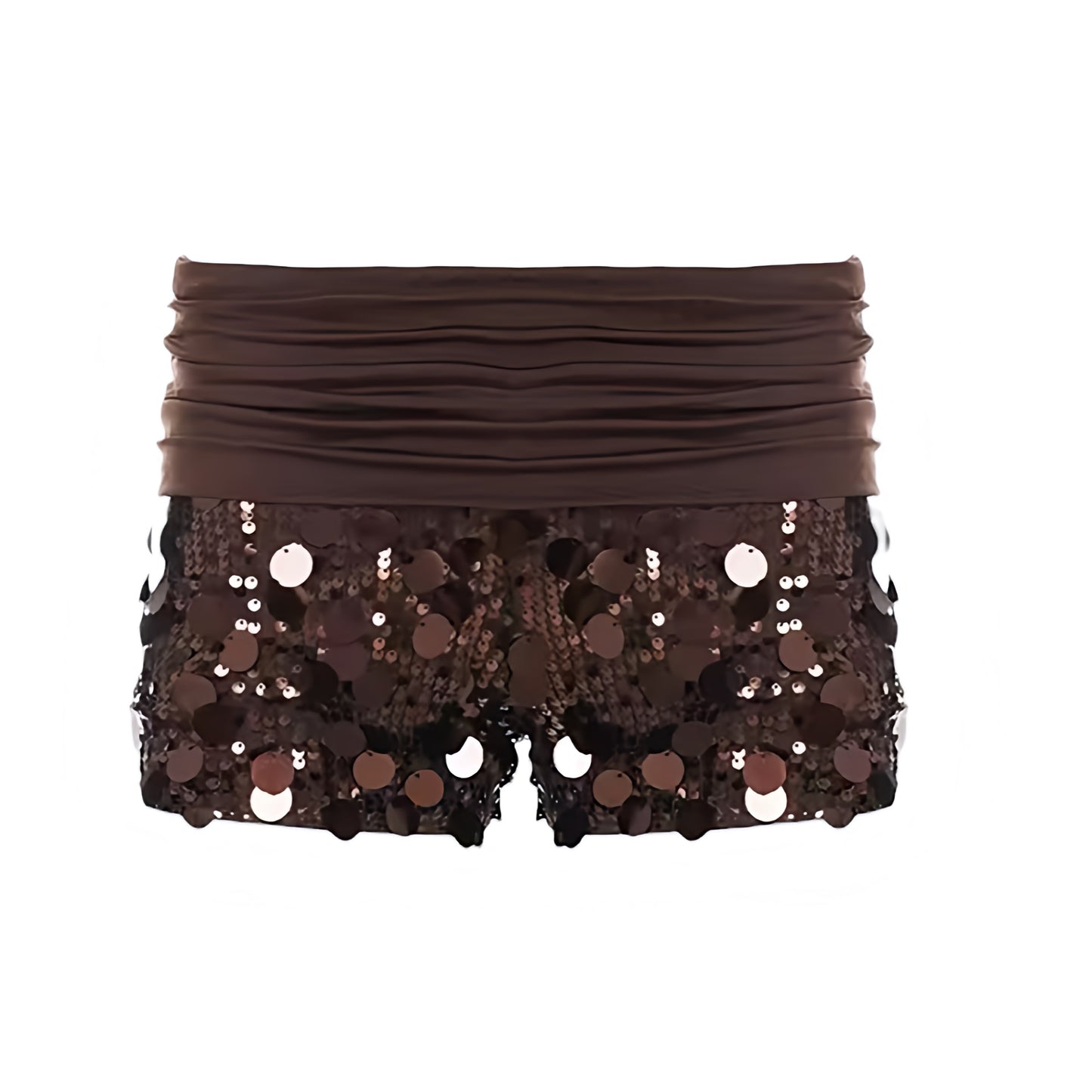 Espresso brown sequin embellished low-rise micro shorts with dark brown and chocolate brown shimmer, sparkle, glittery sequin and beaded detailing. Slim fit bodycon skinny fit shorts with fold over waistband, low rise and low-waisted micro shorts silhouette, perfect for women, teens and ladies. Y2K fold over shorts for 2000s fashion, party outfits, night out outfits, club wear, disco outfits, rave shorts, festival outfits, concert outfits, Ibiza style, rockstar girlfriend outfits, baddie fits, rock chic.