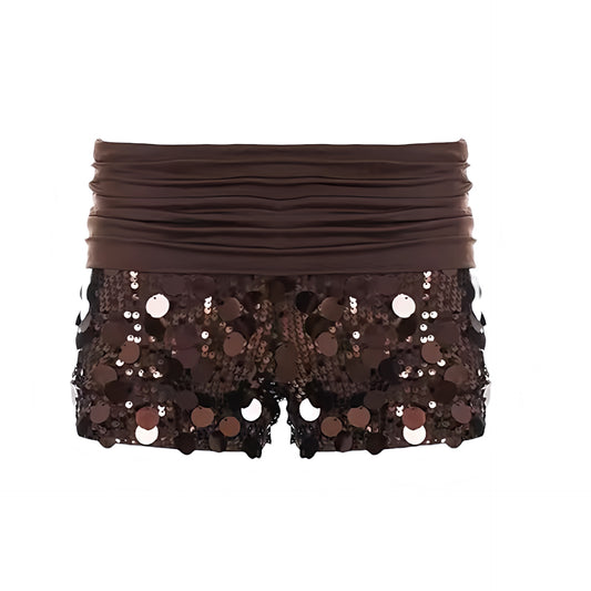 Espresso brown sequin embellished low-rise micro shorts with dark brown and chocolate brown shimmer, sparkle, glittery sequin and beaded detailing. Slim fit bodycon skinny fit shorts with fold over waistband, low rise and low-waisted micro shorts silhouette, perfect for women, teens and ladies. Y2K fold over shorts for 2000s fashion, party outfits, night out outfits, club wear, disco outfits, rave shorts, festival outfits, concert outfits, Ibiza style, rockstar girlfriend outfits, baddie fits, rock chic.