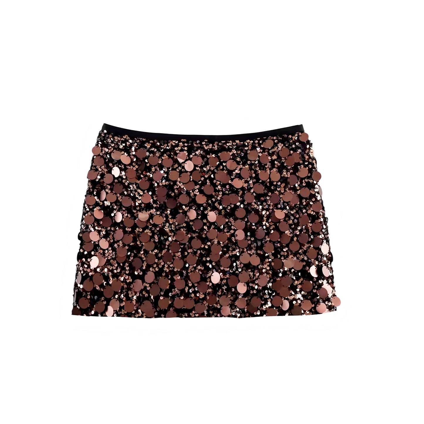 Espresso brown dark brown chocolate brown sequin embellished beaded low rise mini skirt with metallic shimmer sparkle glitter sequined slim fit skinny fit bodycon pencil micro skirt design. Chic trendy casual elegant sexy skirt for women, teens, and ladies. Perfect for beach vacation, summer vacation, euro summer, Ibiza fashion, rave outfit, festival outfit, concert outfit, disco party, club wear, night out, going out, NYE outfit, boho chic style, y2k fashion, baddie aesthetic, star girl aesthetic.
