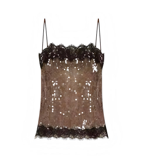 Espresso brown sequin lace trim spaghetti strap camisole top in chocolate brown and dark brown with floral lace, sparkly sequined embellishments, fitted slim fit silhouette, square neckline, sleeveless top, open back, backless cami top, Y2K style, 2000s fashion, party outfit, date night outfit, clubwear, Ibiza style, baddie outfit, boho chic and star girl aesthetic.