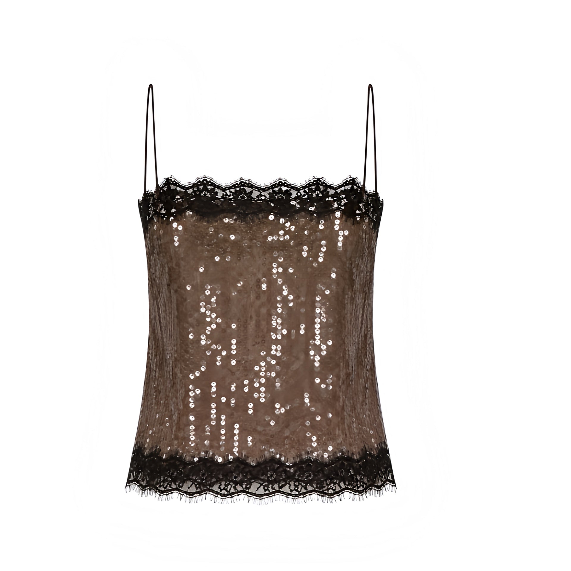 Espresso brown sequin lace trim spaghetti strap camisole top in chocolate brown and dark brown with floral lace, sparkly sequined embellishments, fitted slim fit silhouette, square neckline, sleeveless top, open back, backless cami top, Y2K style, 2000s fashion, party outfit, date night outfit, clubwear, Ibiza style, baddie outfit, boho chic and star girl aesthetic.