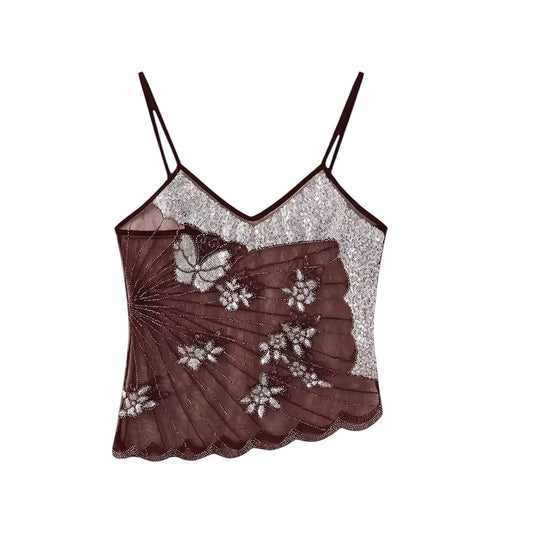 Espresso brown chocolate brown dark brown sequin embellished butterfly v-neck tank top with silver metallic shimmer sparkle glitter sequined floral butterfly flower patterned design. Slim fit skinny fit sleeveless spaghetti strap backless crop camisole blouse for women, teens, and ladies. Chic trendy casual elegant sexy party top for beach vacation, summer vacation, euro summer, Ibiza fashion, rave outfit, festival outfit, concert outfit, disco party, club wear, night out, going out, NYE outfit, boho chic.
