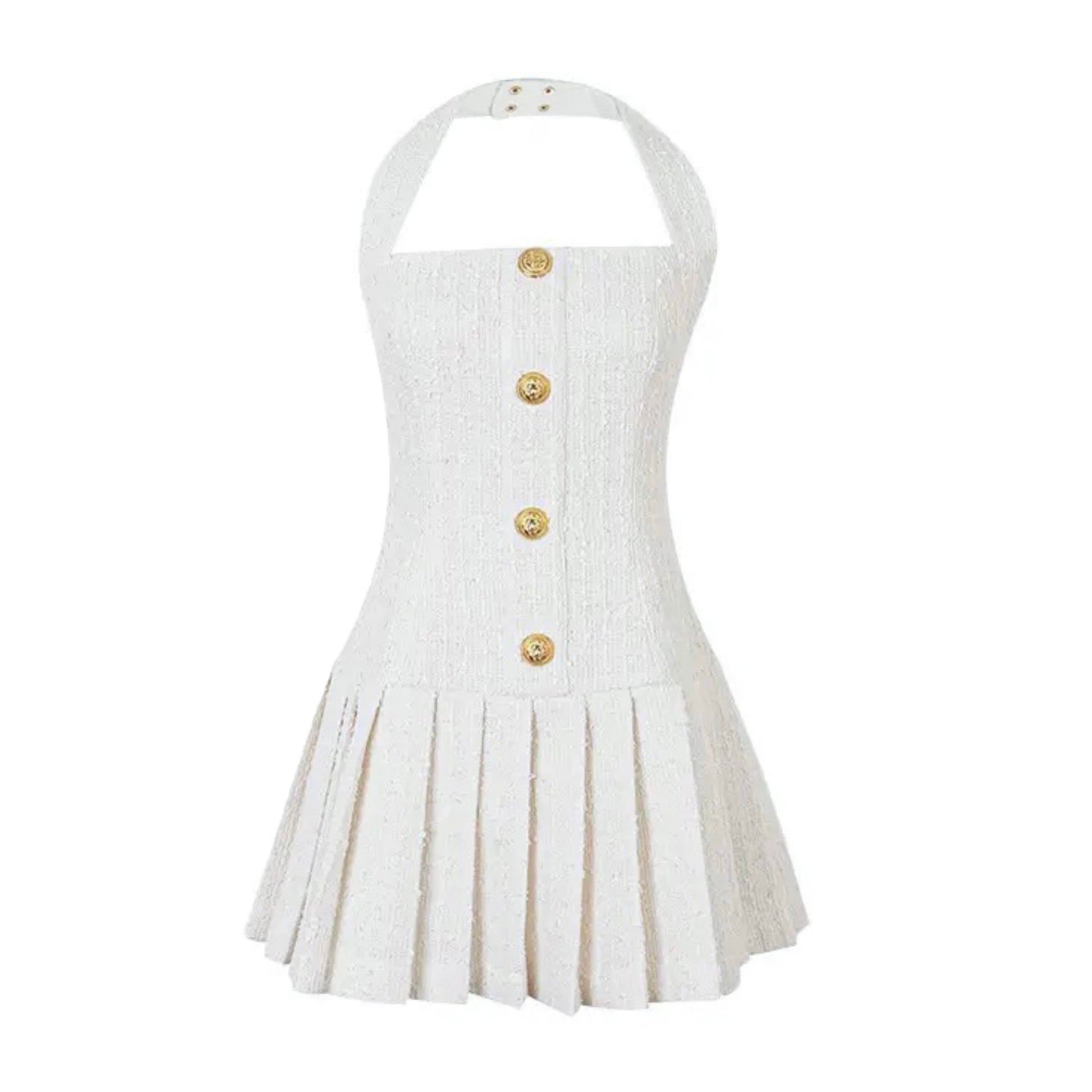 White Tweed Gold Buttoned Pleated Halter Mini Dress Dazey Hill White Tweed Gold Buttoned Pleated Halter Mini Dress Dazey Hill