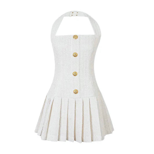 White Tweed Gold Buttoned Pleated Mini Dress