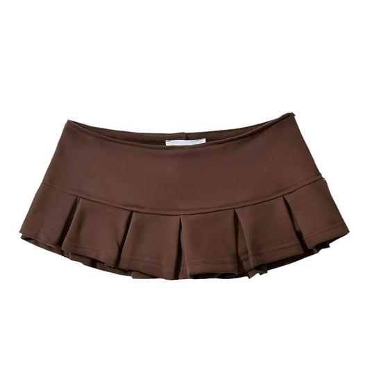 Brown Pleated Low-Rise Mini Micro Skirt