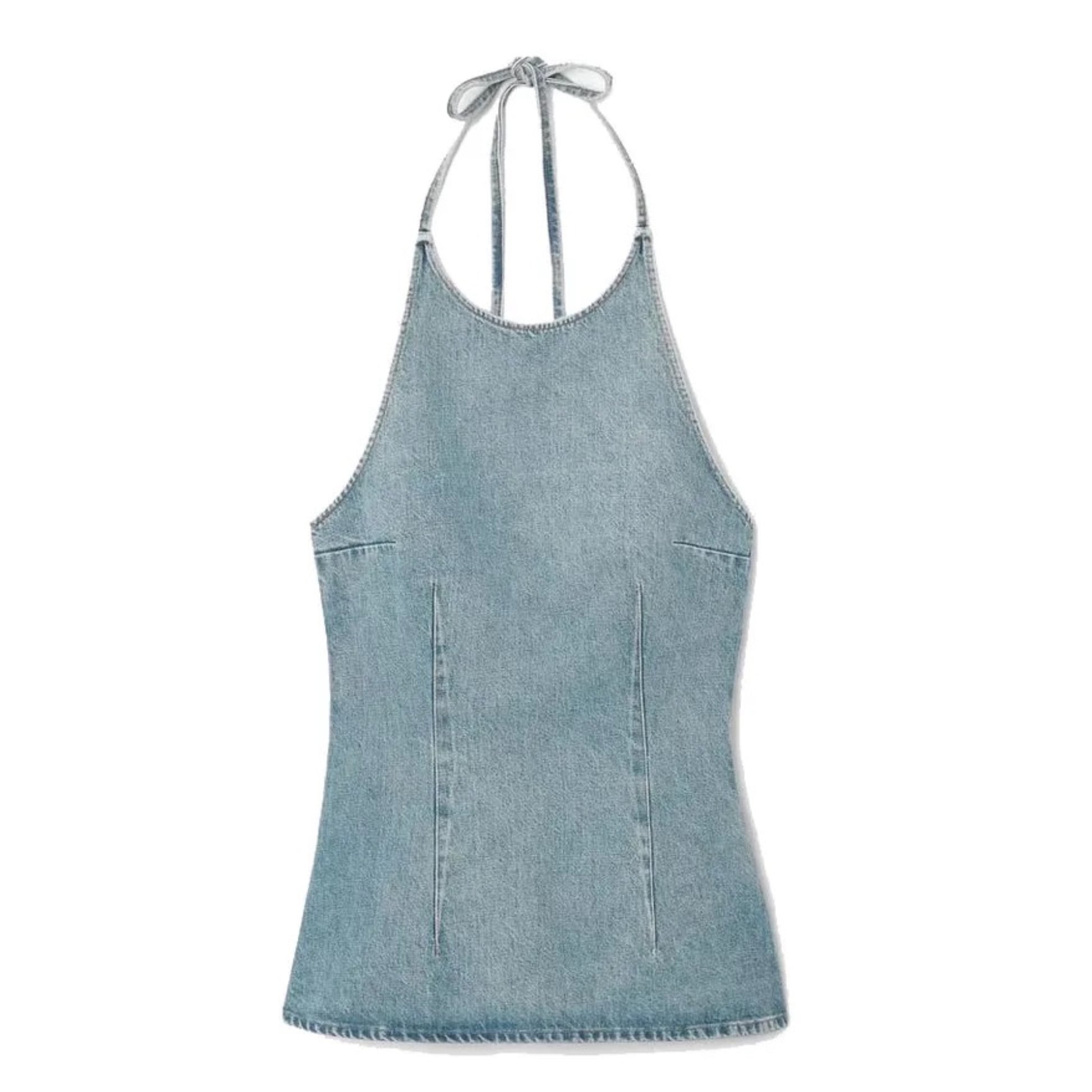 light-blue-bleach-wash-faded-distressed-vintage-retro-slim-fit-bodycon-corset-cinched-waist-sleeveless-spaghetti-strap-round-neckline-backless-open-back-halter-denim-jean-full-length-hip-camisole-tank-top-blouse-shirt-women-ladies-teens-tweens-chic-trendy-spring-2024-summer-casual-feminine-western-y2k-cocktail-party-sexy-date-night-out-club-wear-90s-minimalist-minimalism-office-siren-stockholm-style-zara-revolve-aritzia-reformation-dupe