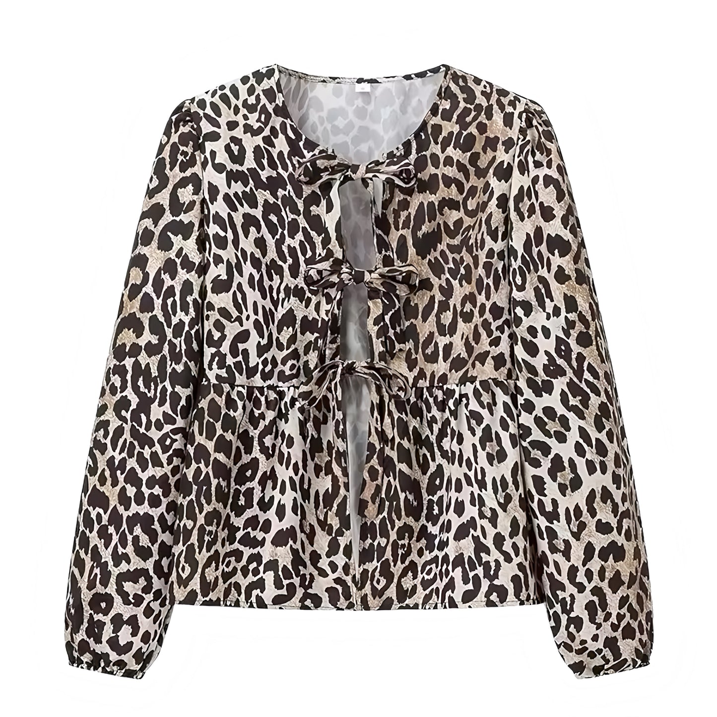 Leopard Print Bow Lace Up Long Sleeve Camisole Blouse Top