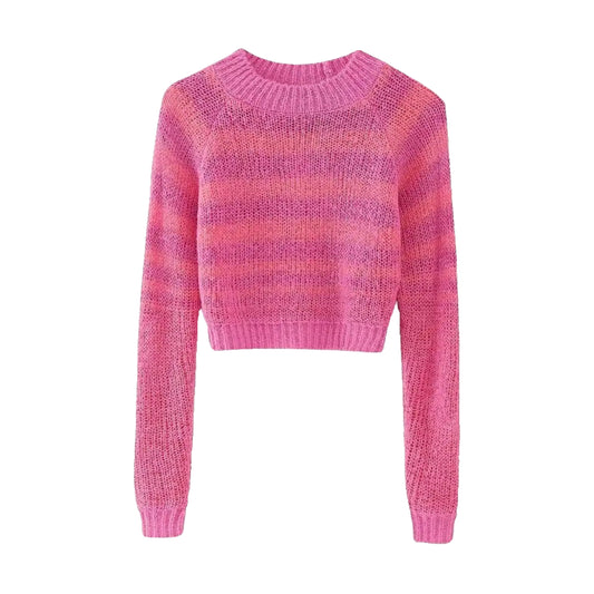 Rose Pink Striped Knit Cropped Pullover Sweater