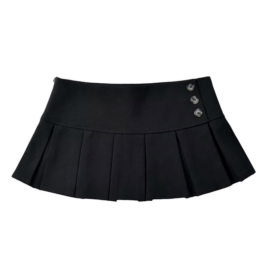 Black Button-Down Pleated Low-Rise Mini Skirt