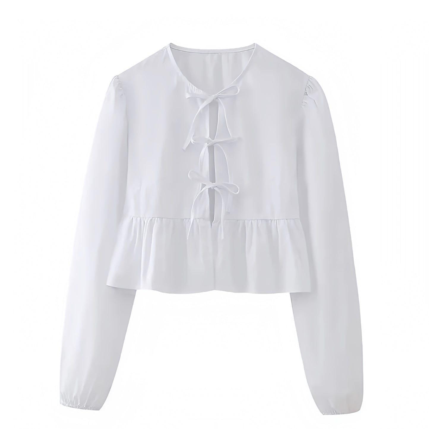 White Bow Lace Up Long Puff Sleeve Camisole Blouse Top
