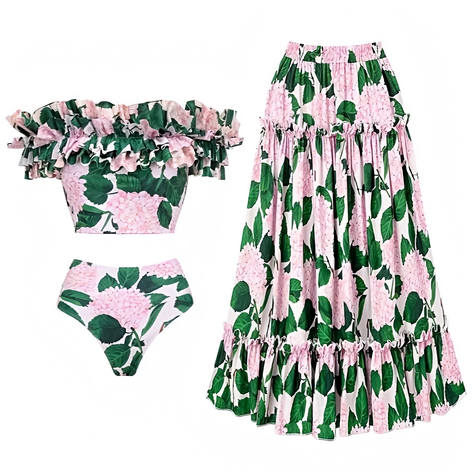 floral-print-light-pink-green-white-multi-color-hydrangea-flower-patterned-layered-ruffle-trim-bandeau-strapless-sleeveless-tube-wireless-push-up-cheeky-thong-boho-bohemian-2-piece-bikini-set-top-and-bottoms-swimsuit-swimwear-bathing-suit-with-midi-long-maxi-cover-skirt-set-women-ladies-teens-tweens-chic-trendy-spring-2024-summer-elegant-feminine-classy-classic-preppy-style-grand-millennial-beach-wear-revolve-altard-state-loveshackfancy-frankies-bikinis-blackbough-kulakinis-fillyboo-dupe