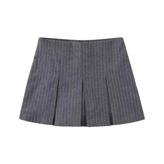 Dark Gray Striped Pleated Mini Skirt