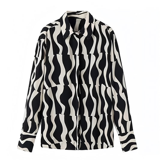 Black & White Stripe Patterned Button-Down Long Sleeve Linen Blouse Shirt