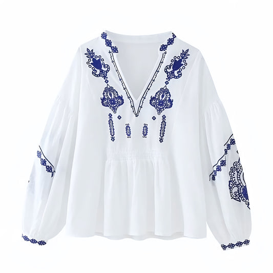 Mykonos Blue Floral Embroidered V-Neck Long Sleeve Blouse Top
