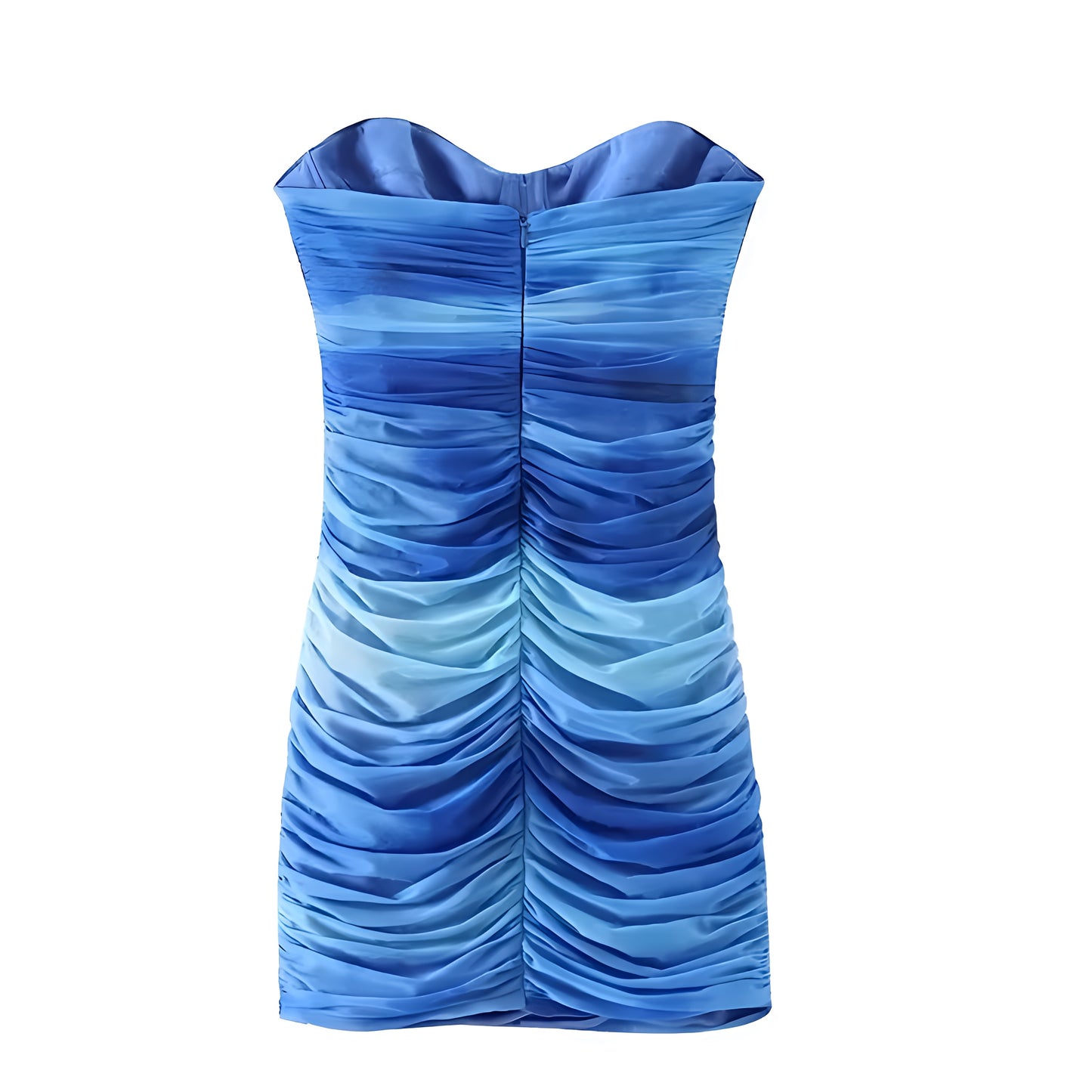Dark Blue Tie-Dye Patterned Bodycon Ruched Strapless Mini Dress