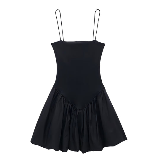 Black Slim Fit Spaghetti Strap Ruffled Drop Waist Mini Dress