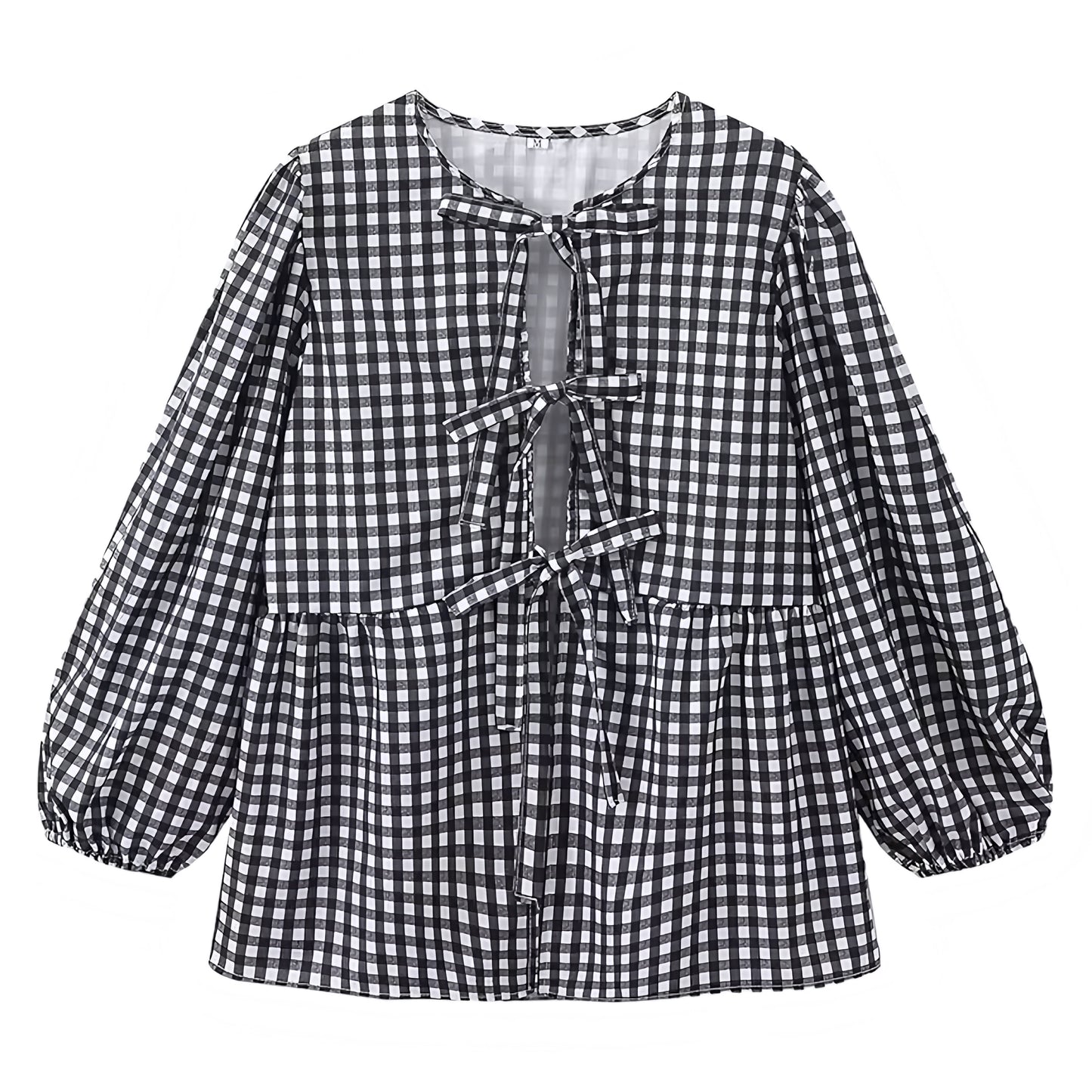 Black Gingham Bow Lace Up Long Sleeve Camisole Blouse Top