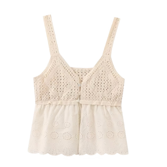 Beige Eyelet Crochet Button-Down Camisole Tank Top