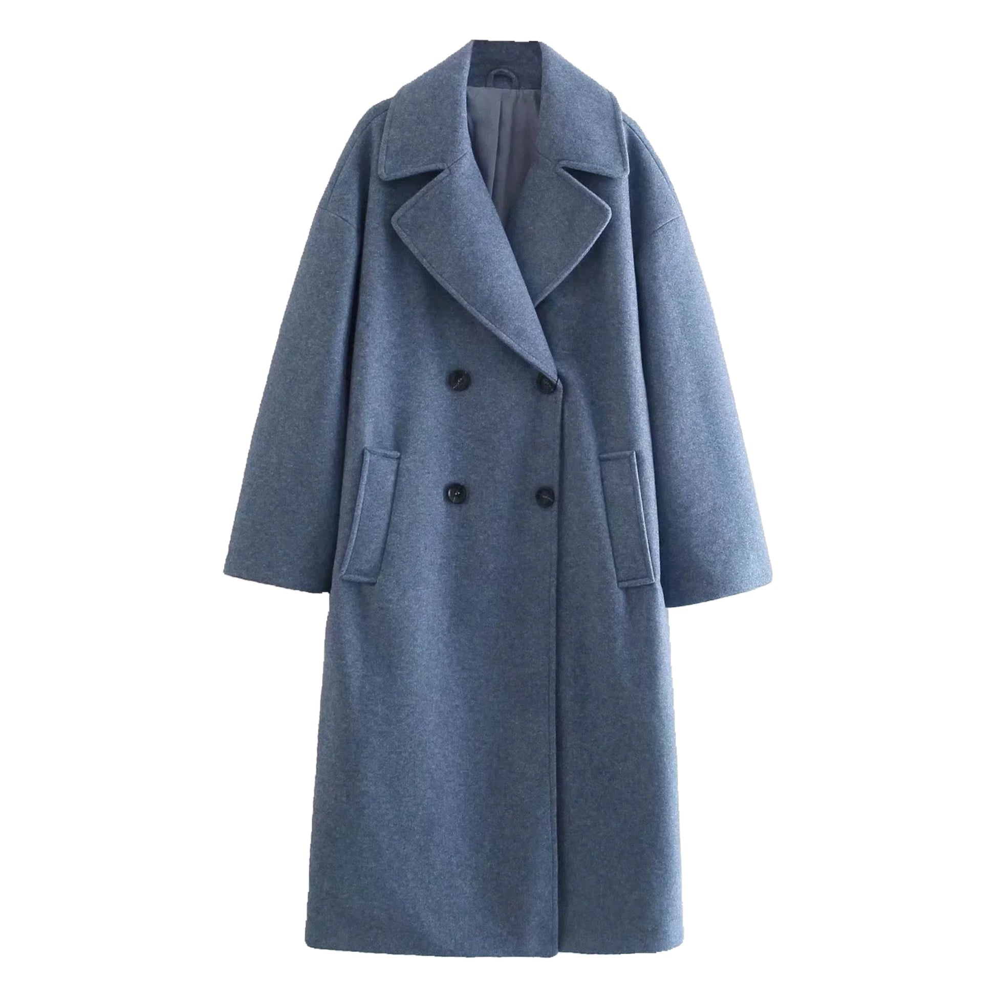 Fog blue woolen oversized trench coat for women featuring double breasted black button front, long sleeves, wide lapel collar, structured relaxed tailored fit, front welt pockets, soft insulated wool blend for cozy warm fall and winter layering, elegant minimalist neutral outerwear for trending street style, Scandinavian fashion and travel outfits, shipped globally worldwide.