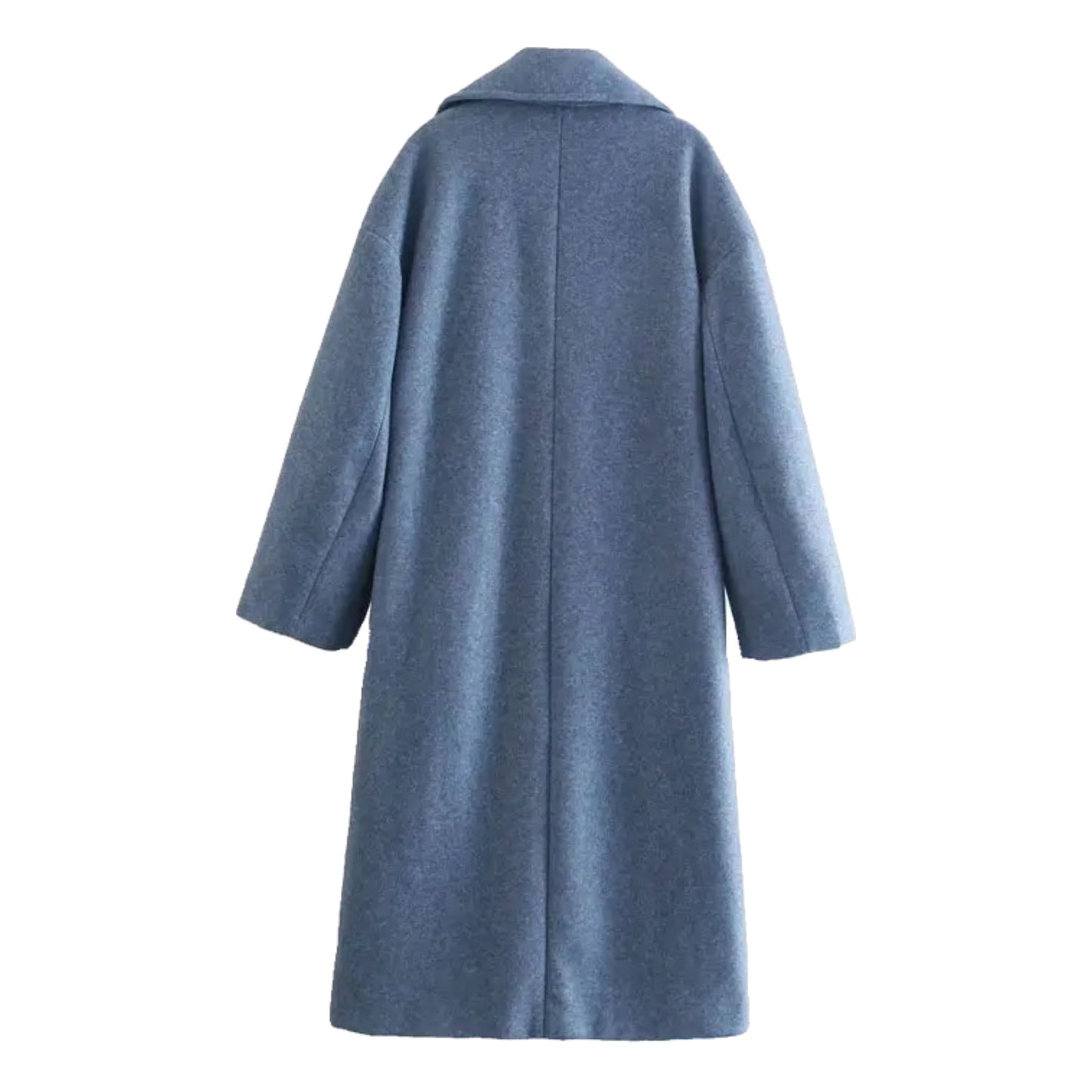 Fog blue woolen oversized trench coat for women featuring double breasted black button front, long sleeves, wide lapel collar, structured relaxed tailored fit, front welt pockets, soft insulated wool blend for cozy warm fall and winter layering, elegant minimalist neutral outerwear for trending street style, Scandinavian fashion and travel outfits, shipped globally worldwide.
