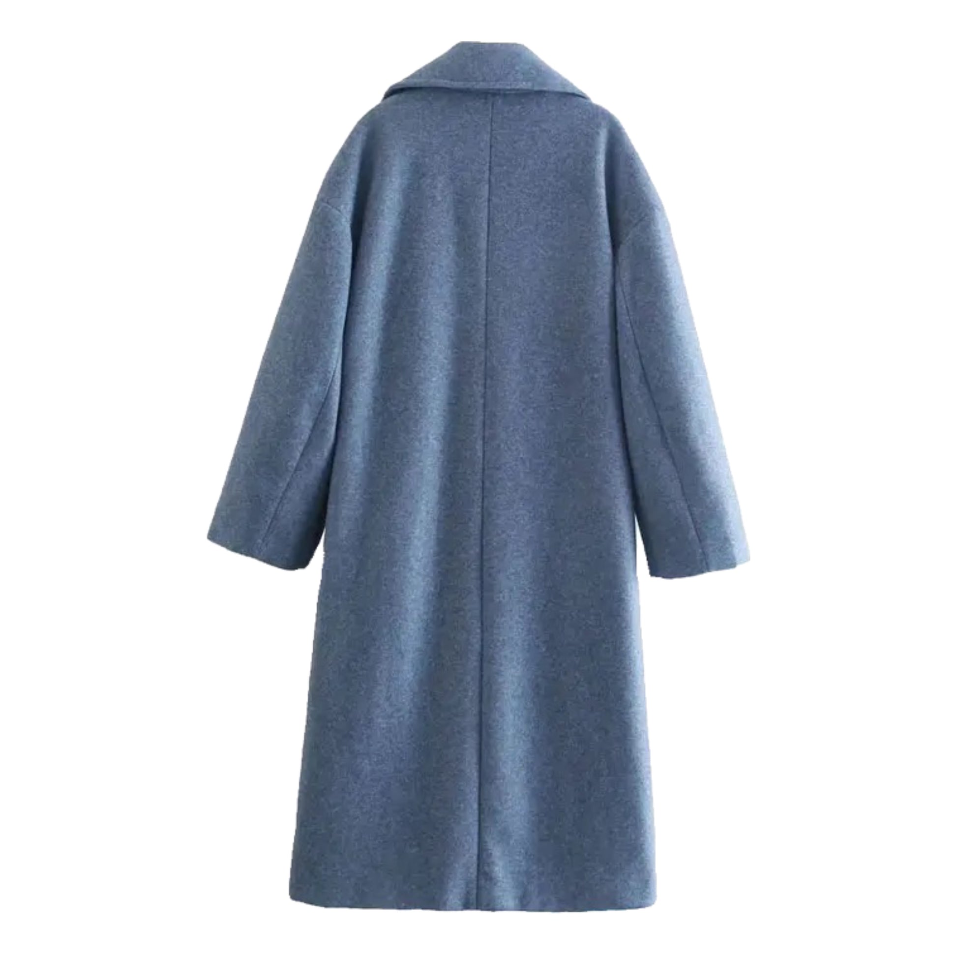 Fog blue woolen oversized trench coat for women featuring double breasted black button front, long sleeves, wide lapel collar, structured relaxed tailored fit, front welt pockets, soft insulated wool blend for cozy warm fall and winter layering, elegant minimalist neutral outerwear for trending street style, Scandinavian fashion and travel outfits, shipped globally worldwide.